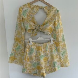 Cult Gaia Yellow and Green Floral Crop Top and shorts set.